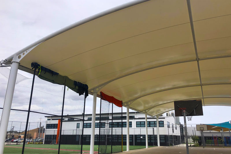 Barrel Shade, Sirius College, Under cover, basketball area, shade, sail, steel posts, giant, huge, large, basketball, court, assembly, area