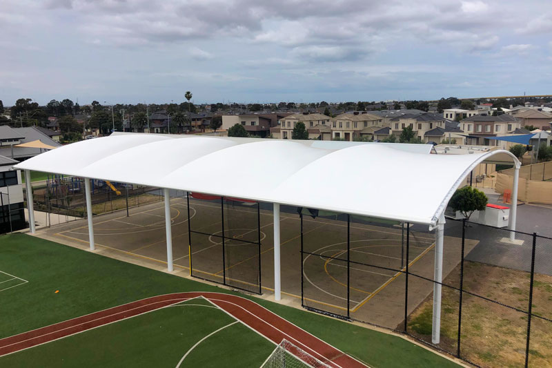 Barrel Shade, Sirius College, Under cover, basketball area, shade, sail, steel posts, giant, huge, large, basketball, court, assembly, area