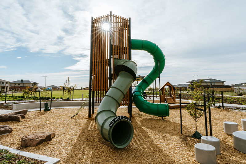 orchard park, playground, tarneit, melboure, victoria, hex tower, tube slide, turbo slide, green, timber, natural