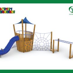 Activity playgrounds, playground, fort, structure, climbing, net, tower, slide, shade, instinctive, timber, wood, natural, nature, play