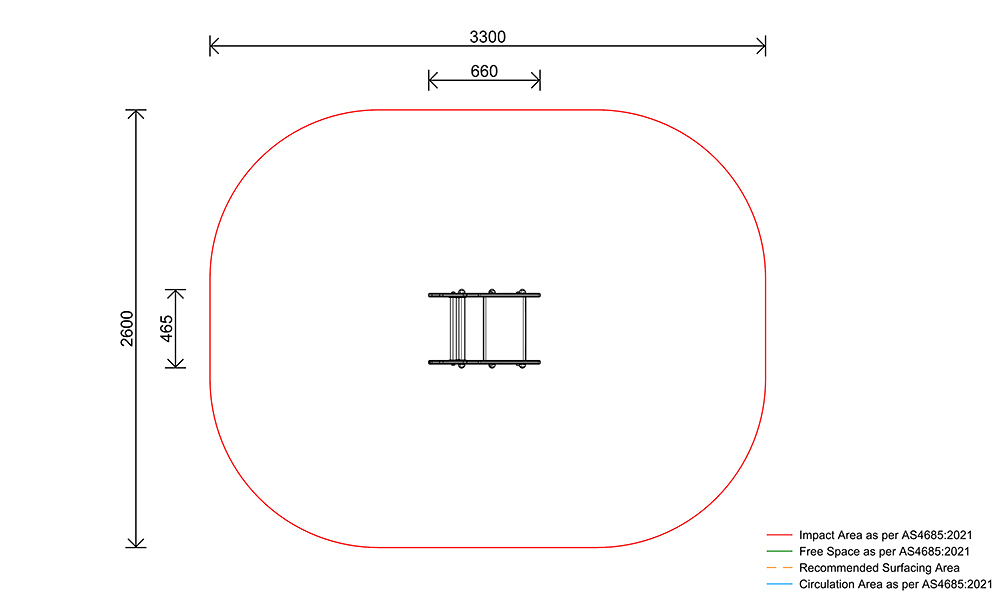 Train Single Spring Rocker plan view showing safety fall zone, impact area and dimensions in accordance with AS4685 standards