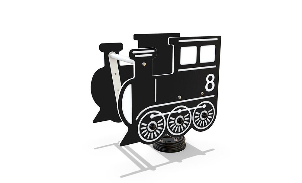 Train Single Spring Rocker from the Industrious range featuring a themed train design with durable HDPE panels, Australian steel construction and spring-mounted motion play for balance and imaginative fun