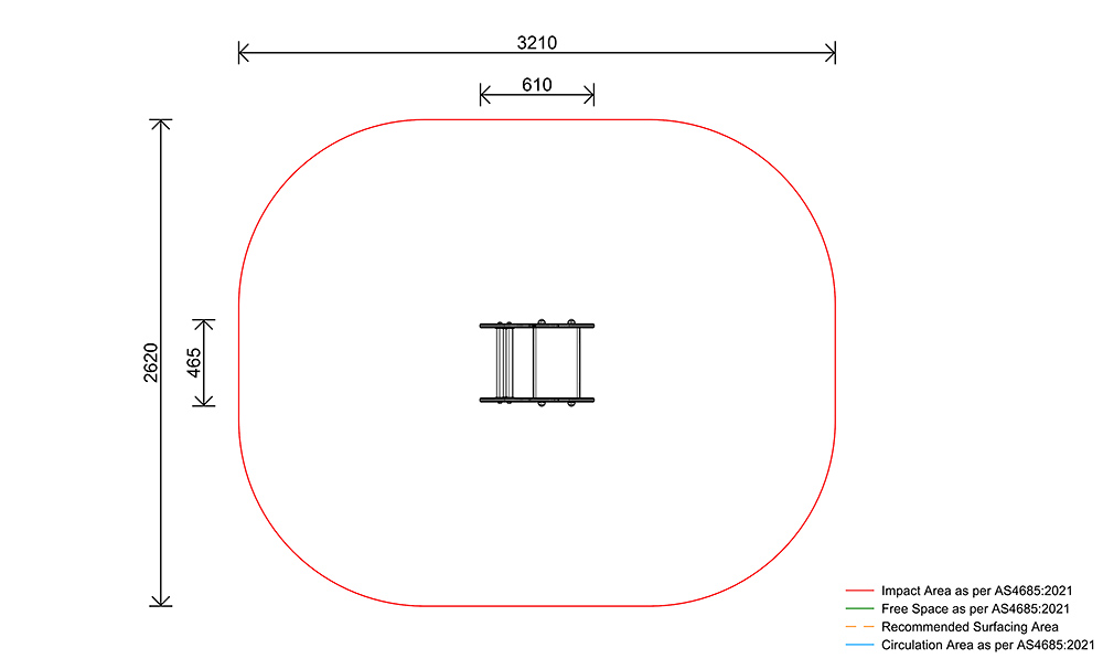 Apple Single Spring Rocker plan view showing safety fall zone, impact area and dimensions in accordance with AS4685 standards