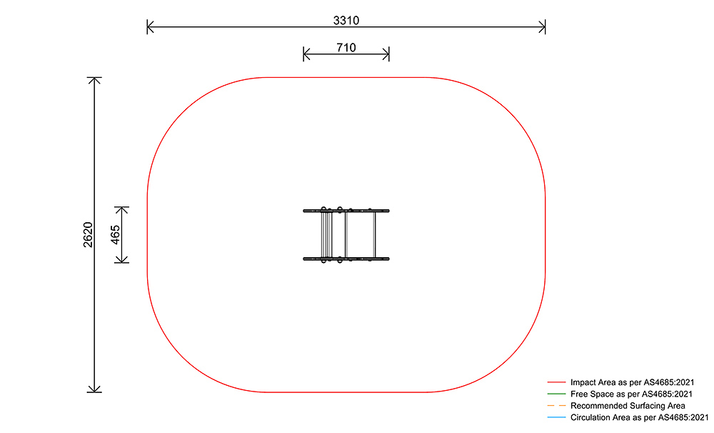 Koala Single Spring Rocker plan view showing safety fall zone, impact area and dimensions in accordance with AS4685 standards