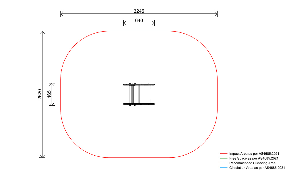 Cow Single Spring Rocker plan view showing safety fall zone, impact area and dimensions in accordance with AS4685 standards