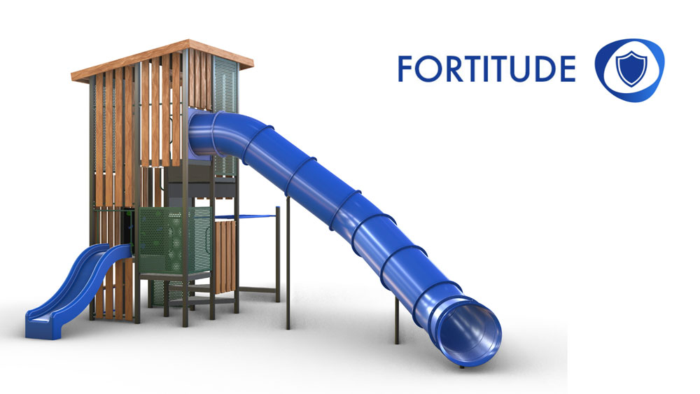 activity playgrounds, fortutude, range, product, playground, equipment, fort, tower, blue, slide, tunnel, kids, play, timber, steel, Australian