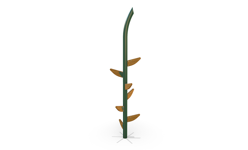 Stalk Climber from the Native range featuring vertical steel post with timber stepping holds, designed as a standalone climbing element for strength, balance and coordination in nature-inspired play spaces.