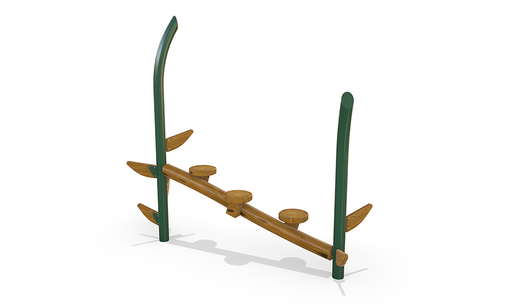 Gum Walk from the Native range featuring timber balance logs and stepping pods supported by curved green steel posts, designed as a low-level agility and traversal element.