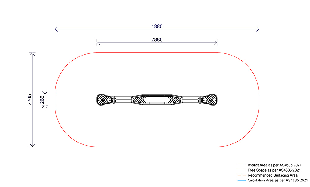 Plan view drawing of the AP7030A Steel Seesaw 3000 showing AS4685:2021 impact area, circulation space and dimensions for the two-seater steel spring seesaw.