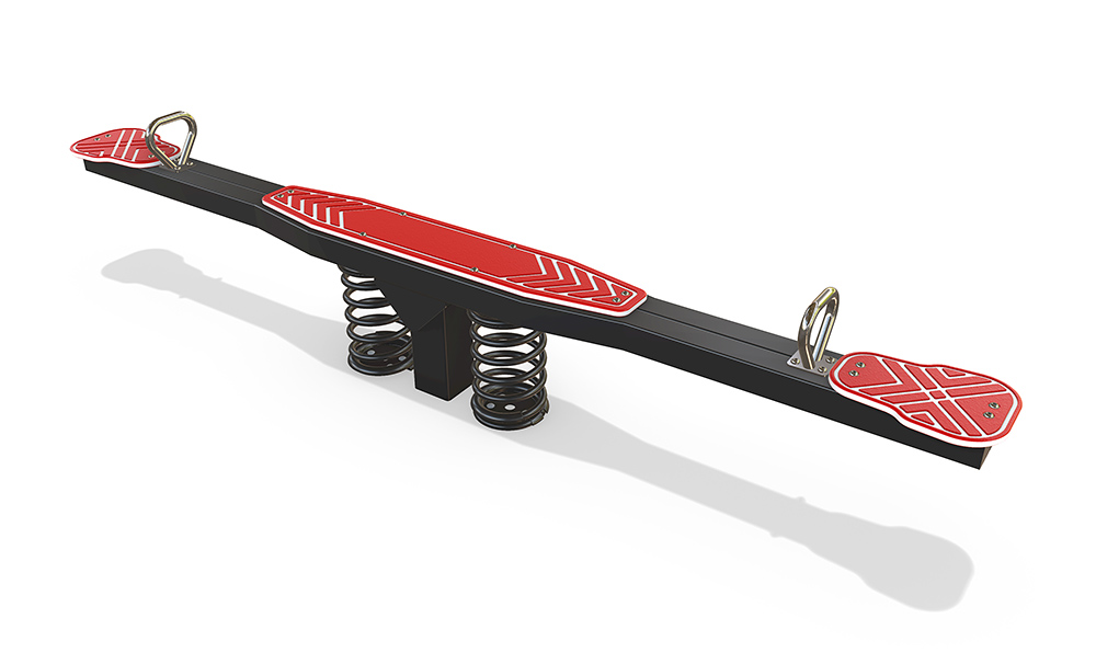 AP7030A Steel Seesaw 3000 from the Resilience range featuring a black Australian steel frame, dual spring base and red HDPE seats with stainless steel hand grips.