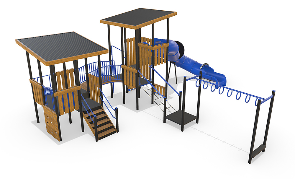 3D render of the Harlow Combination Unit featuring two elevated platforms with roofs, timber panelling, a spiral tunnel slide, climbing nets, and monkey bars, designed for medium-sized play areas.