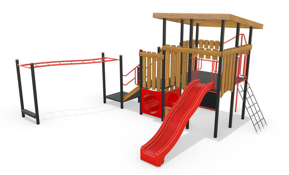 Timber and steel playground with red slide