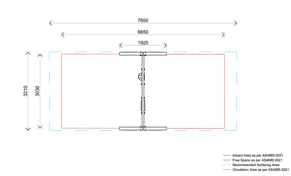 Plan view drawing of the AP7076C Timber ELC Swing showing AS4685:2021 impact area, circulation space and dimensions for the early learning swing set.