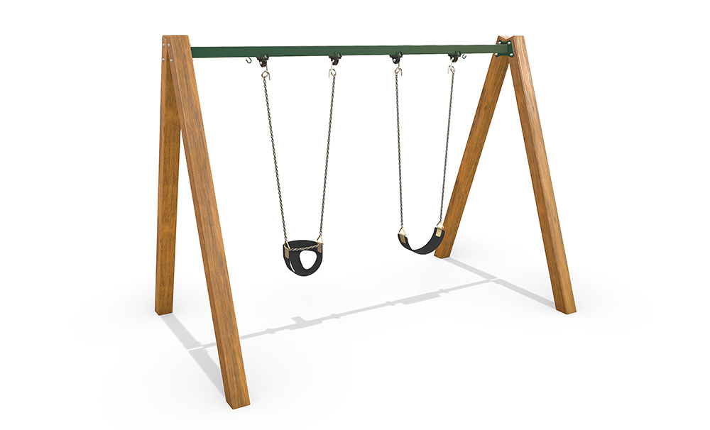 AP7076C Timber ELC Swing featuring Australian timber A-frame posts, green steel top beam and two interchangeable black toddler swing seats with chain connections.