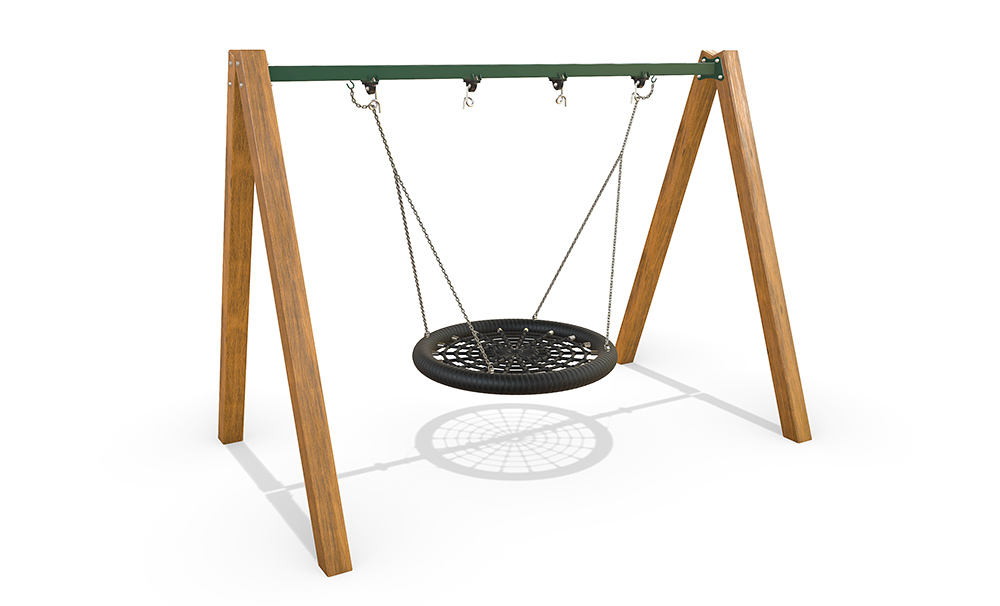AP7076C Timber ELC Swing with Australian timber posts, green steel top beam and a large black basket swing seat designed for inclusive early childhood play.