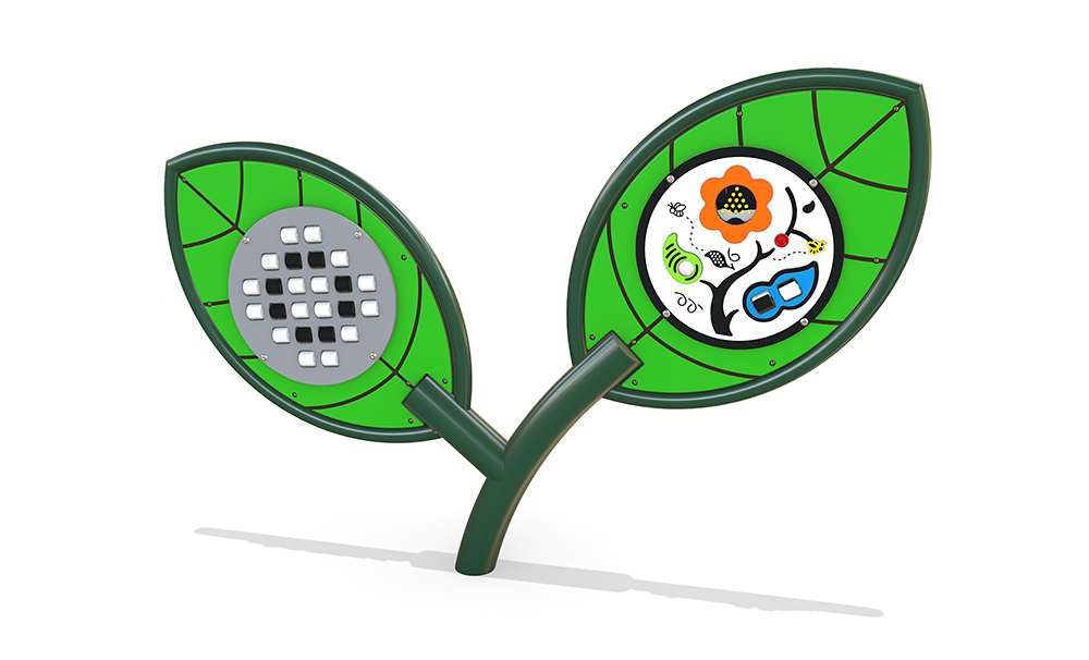 3D render of Sensory Seedling 1 from the Native range, a freestanding sensory play feature with leaf-shaped panels including a pixel roller panel and interactive sensory elements for creative and tactile play.