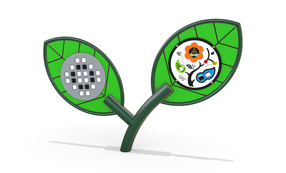3D render of Sensory Seedling 1 from the Native range, a freestanding sensory play feature with leaf-shaped panels including a pixel roller panel and interactive sensory elements for creative and tactile play.