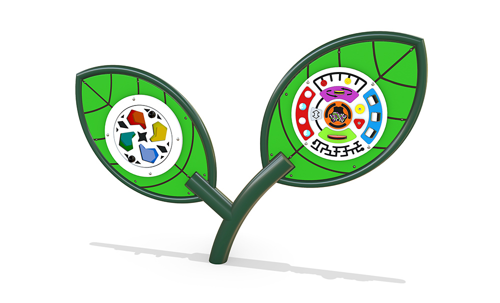 3D render of Sensory Seedling 2 from the Native range, a freestanding sensory play structure with leaf-shaped panels featuring a kaleidoscope panel and multi-activity sensory fidget panel for visual and tactile engagement.