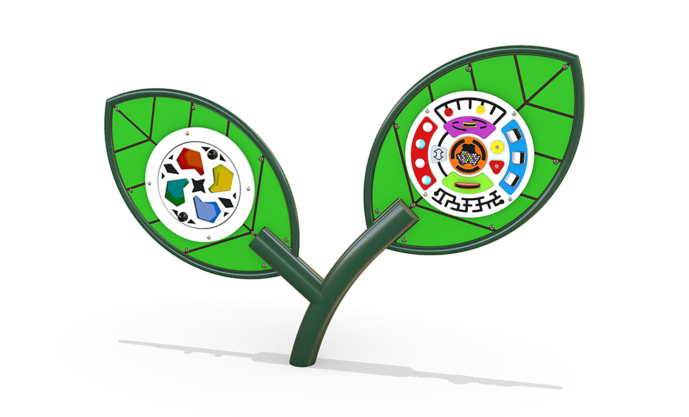 3D render of Sensory Seedling 2 from the Native range, a freestanding sensory play structure with leaf-shaped panels featuring a kaleidoscope panel and multi-activity sensory fidget panel for visual and tactile engagement.