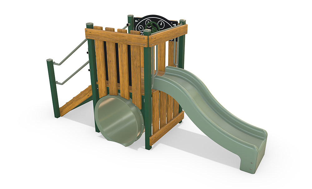 3D render of the Thornbill playground unit from the Fortitude Early Years range, featuring timber panels, crawl tunnel, activity panel, and slide.