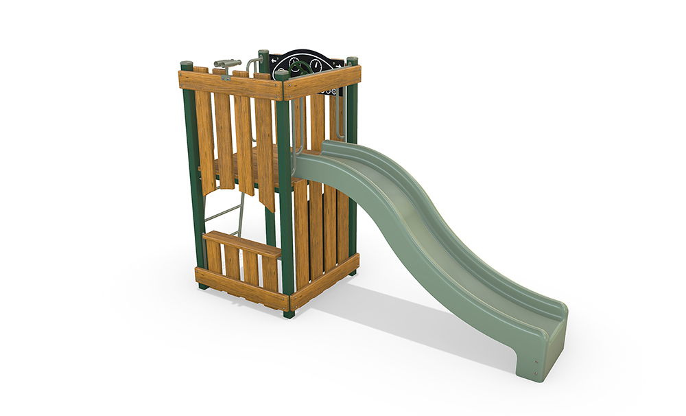 3D render of the Wren playground unit from the Fortitude Early Years range, featuring a gentle slide, timber panels, interactive play elements, and durable steel posts.