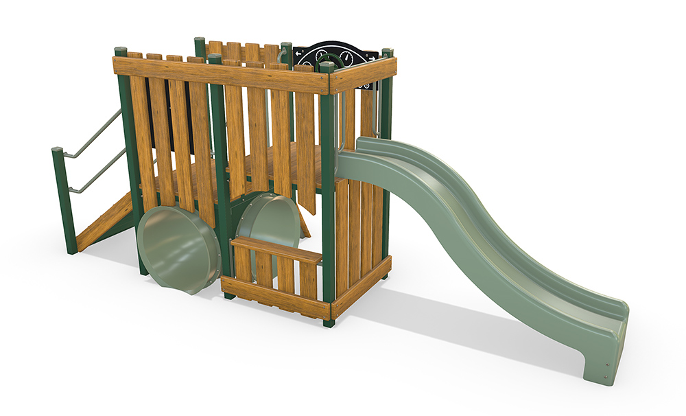 3D render of the Finch playground unit from the Fortitude Early Years range, featuring timber panels, crawl tunnel, activity panel, and gentle slide, designed for preschool children.