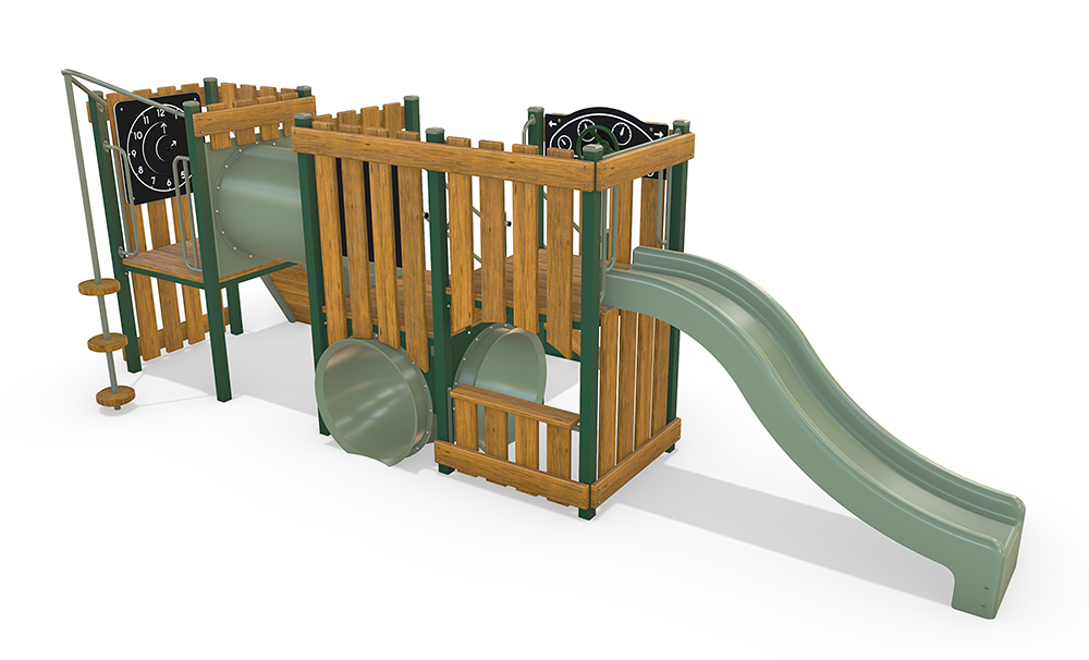 3D render of the Honeyeater combination unit featuring natural Australian timber panels, crawl tunnel, gentle slide, shop servery, and interactive play panels, designed for preschool-aged children.
