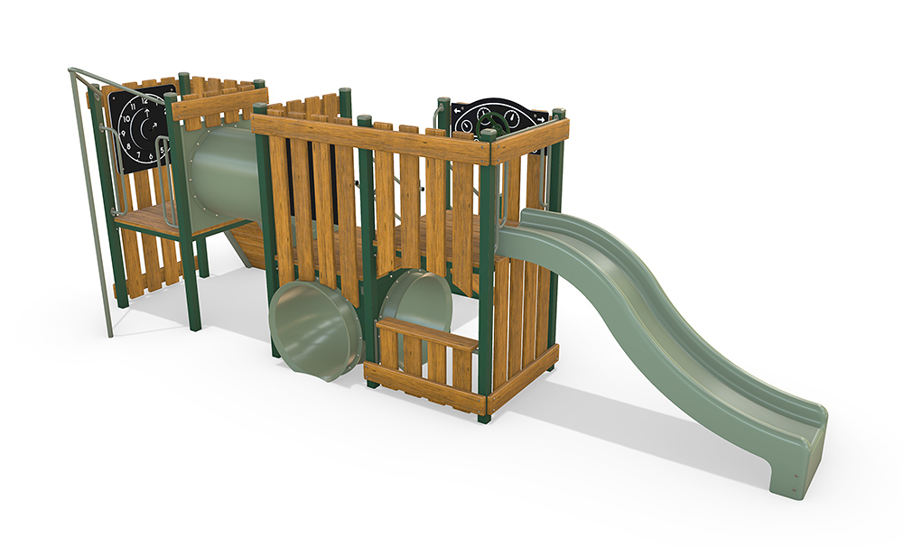 3D render of the Honeyeater combination unit featuring natural Australian timber panels, crawl tunnel, gentle slide, shop servery, and interactive play panels, designed for preschool-aged children.