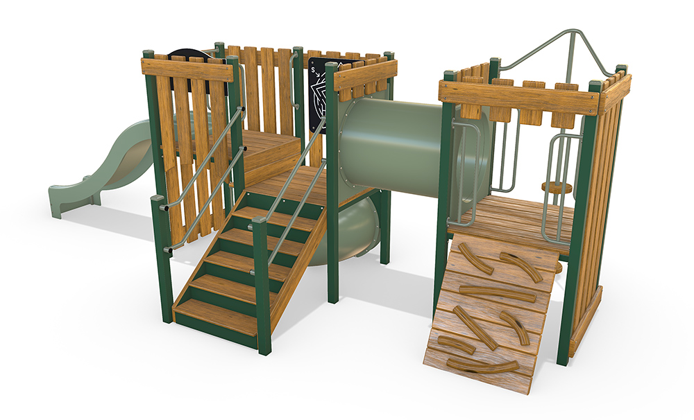 3D render of the Honeyeater combination unit featuring natural Australian timber panels, crawl tunnel, gentle slide, shop servery, and interactive play panels, designed for preschool-aged children.