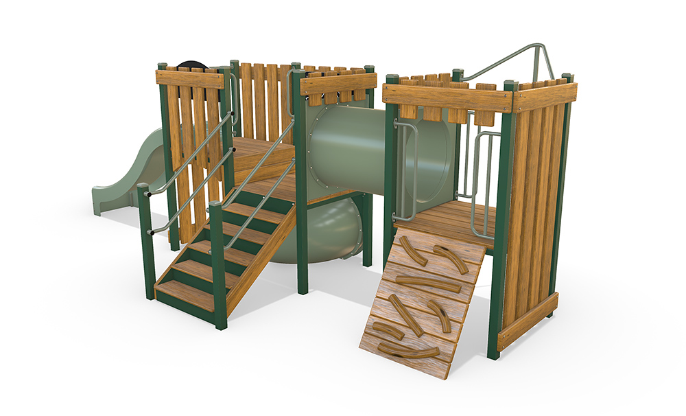 3D render of the Finch playground unit from the Fortitude Early Years range, showing stairs with handrails, a timber climbing ramp, and interactive activity panel.