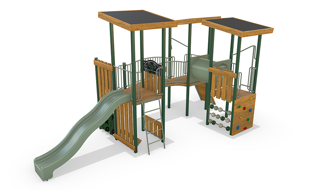 3D render of the Cuckoo Combination Unit from the Fortitude Early Years range, featuring a slide, climbers, crawl tunnel, interactive panels, and timber elements.