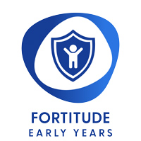 Fortitude Early Years logo in blue featuring a shield with a child icon inside, representing Activity Playgrounds’ Fortitude range designed for early learning centres.