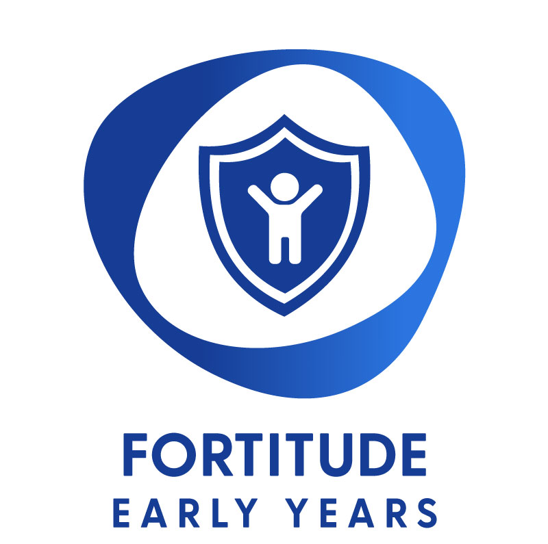 ortitude Early Years logo in blue featuring a shield with a child icon inside, representing Activity Playgrounds’ Fortitude range designed for early learning centres.