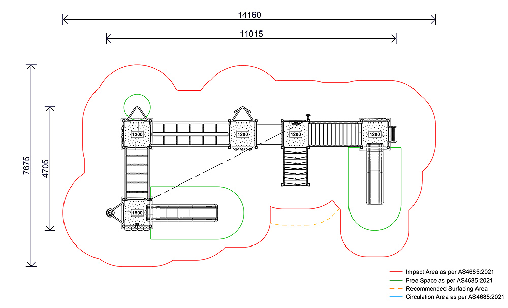 Top-down plan view of the AP7310A Hallam Combination Unit showing impact zones, circulation areas, and recommended surfacing layout.