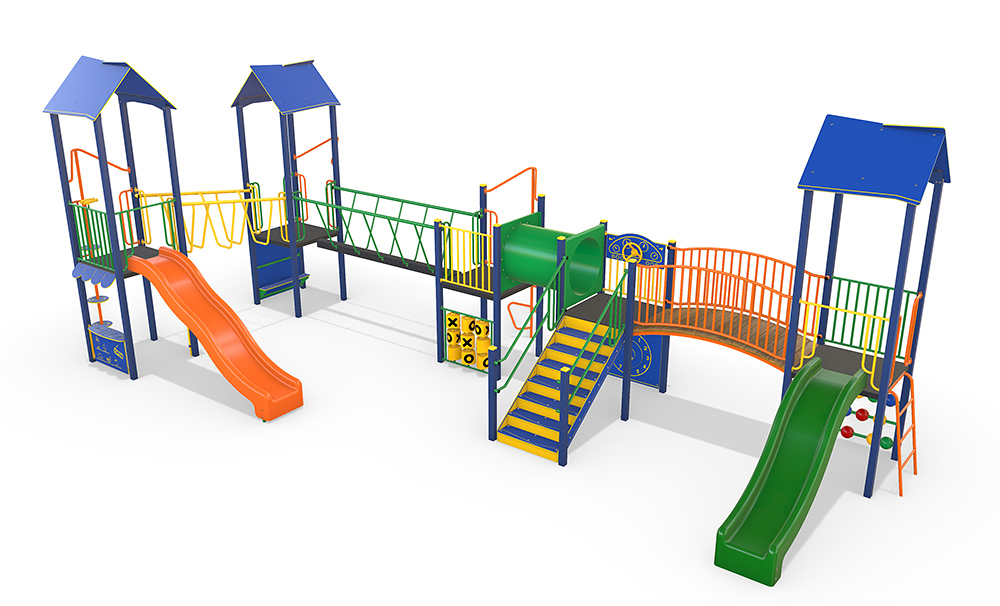 Rendered front perspective of the AP7310A Hallam Combination Unit featuring dual slides, climbing activities, bridges, and bright Resilience range colours