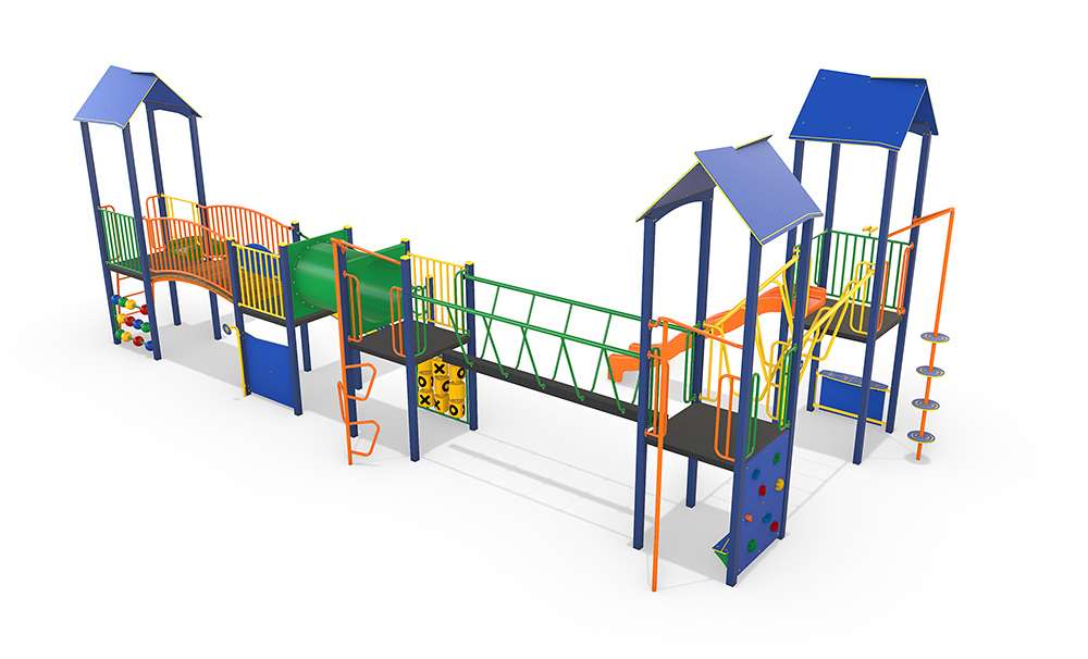 Rendered side view of the AP7310A Hallam Combination Unit showcasing the tunnel, bridge walkway, activity panels, and ground-level play elements.