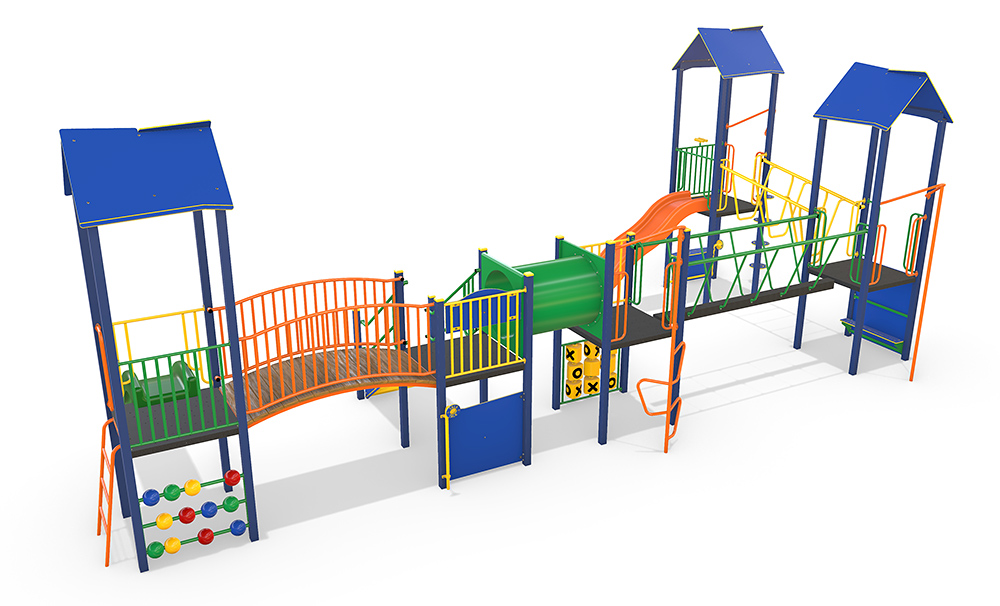 Rendered angled view of the AP7310A Hallam Combination Unit highlighting both slides, climbing panels, bridges, and multiple access points.