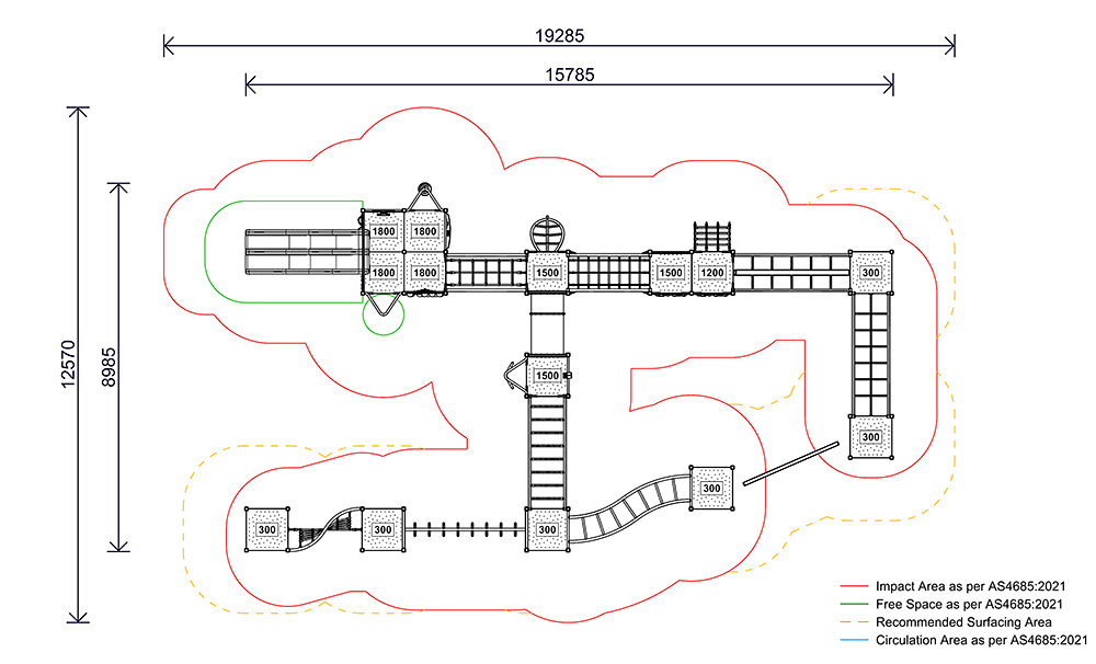 Overhead plan of the AP7332A Collins Combination Unit showing platform heights, bridge connections, and required impact, circulation, and surfacing zones.