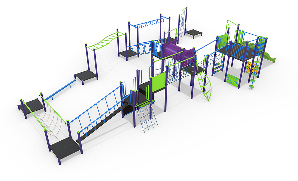 Full 3D render of the AP7332A Collins Combination Unit featuring slides, climbing walls, nets, monkey bars, tunnels, and elevated platforms in blue, green, and purple tones.