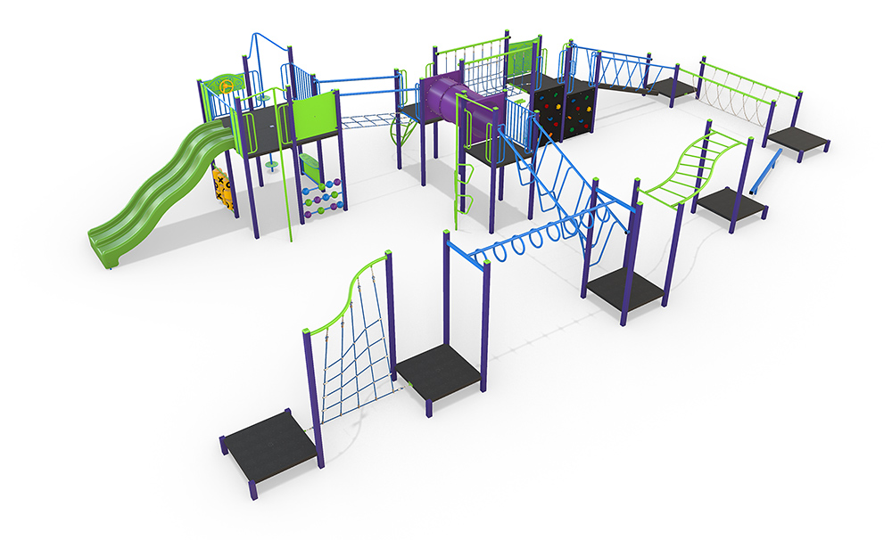 3D render highlighting the climbing nets, curved bridge, tunnel, and multiple challenge-based play elements suitable for mixed-age school groups.