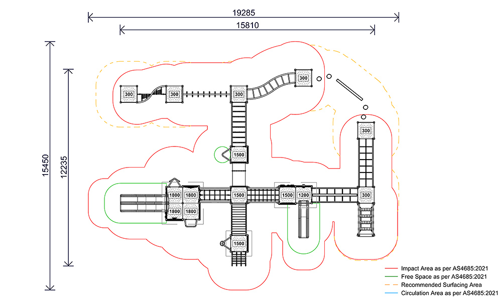 Top-down plan view of the AP7456A Fortitude Combination Unit – Whittington, showing layout dimensions, platform heights and impact, free space and circulation zones as per AS4685:2021.