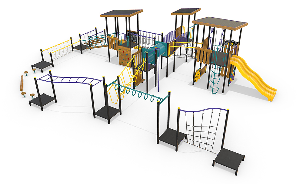 3D render of the AP7456A Fortitude Combination Unit – Whittington, featuring multiple elevated platforms, bridges, slides, climbing walls and agility play elements arranged in a large connected layout.