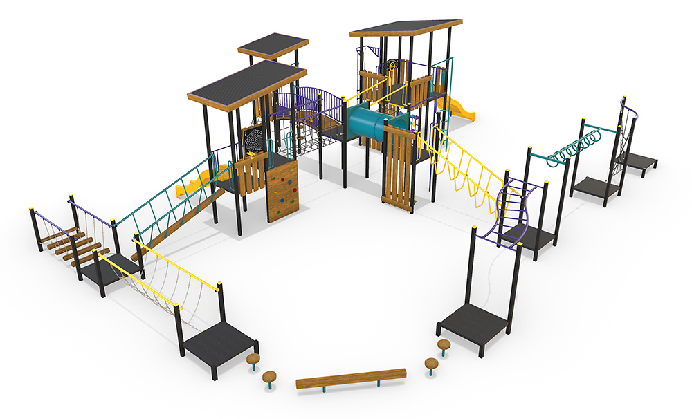 3D render of the AP7456A Fortitude Combination Unit – Whittington, featuring multiple elevated platforms, bridges, slides, climbing walls and agility play elements arranged in a large connected layout.