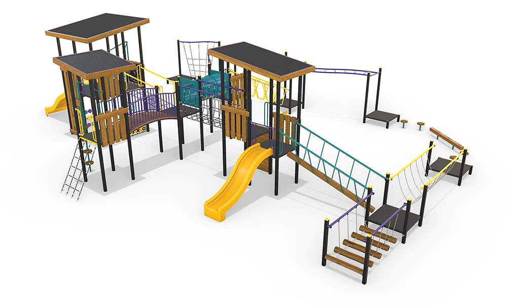 Angled 3D render of the AP7456A Fortitude Combination Unit – Whittington, highlighting the overhead agility trails, ropes, monkey bars and timber–steel combination structures.
