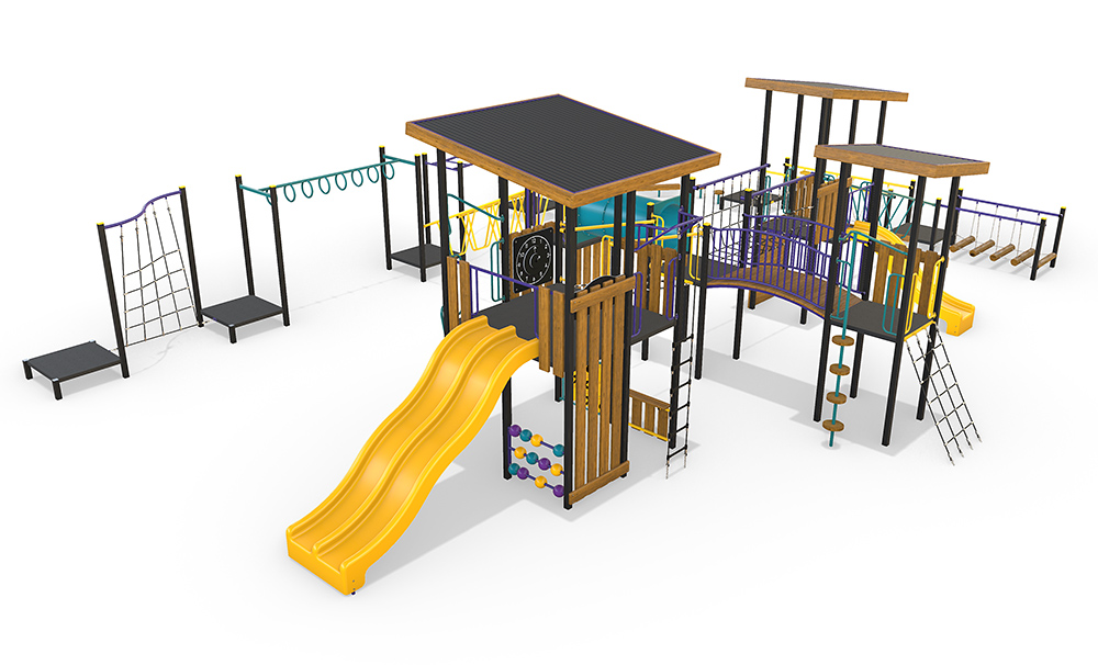 3D render of the AP7456A Fortitude Combination Unit – Whittington, featuring multiple elevated platforms, bridges, slides, climbing walls and agility play elements arranged in a large connected layout.