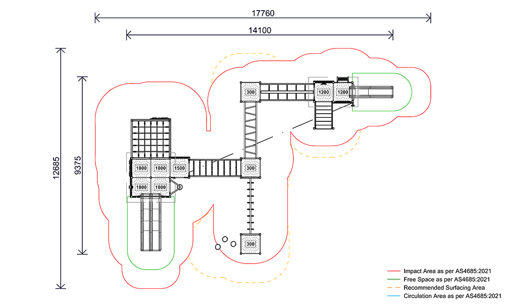Site plan of the AP7309A Waterford Combination Unit showing layout dimensions, circulation zones, impact areas and compliant fall zones.