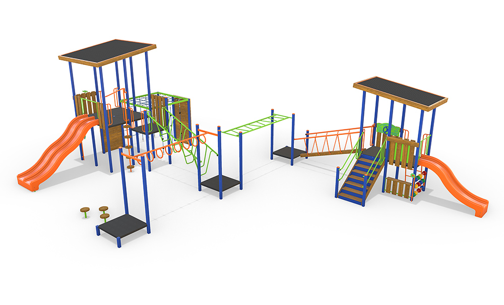 3D render of the AP7309A Waterford Combination Unit featuring timber and steel play towers connected by bridges, climbing elements and orange slides.