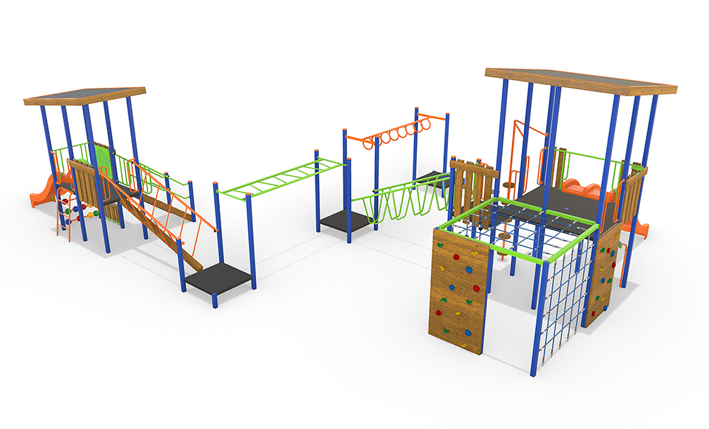 3D render of the AP7309A Waterford Combination Unit featuring timber and steel play towers connected by bridges, climbing elements and orange slides.
