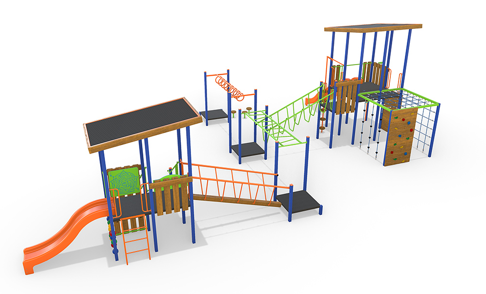 Angled 3D render of the AP7309A Waterford Combination Unit showing junior and senior play zones, climbing challenges and slide exits.