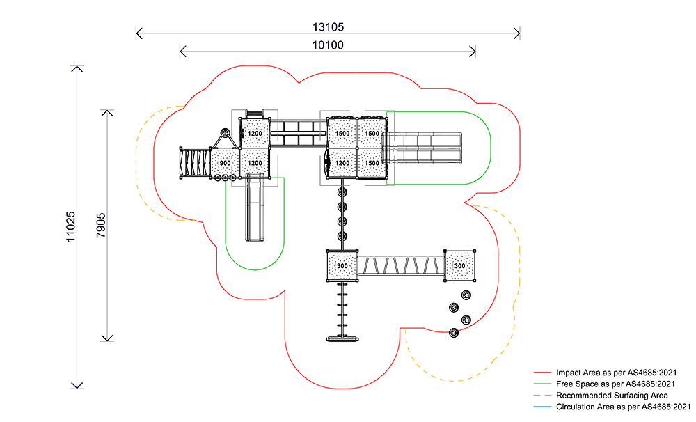 Plan view of the AP7313A Wallowa Combination Unit showing layout, dimensions, circulation zones and impact areas in accordance with AS 4685.